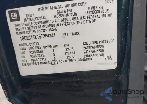 2005 Chevrolet Silverado 1500 Work Truck from USA, damaged, VIN 1GCEC19X15Z264141